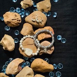 Pearl stackable bracelet and hoop earring set